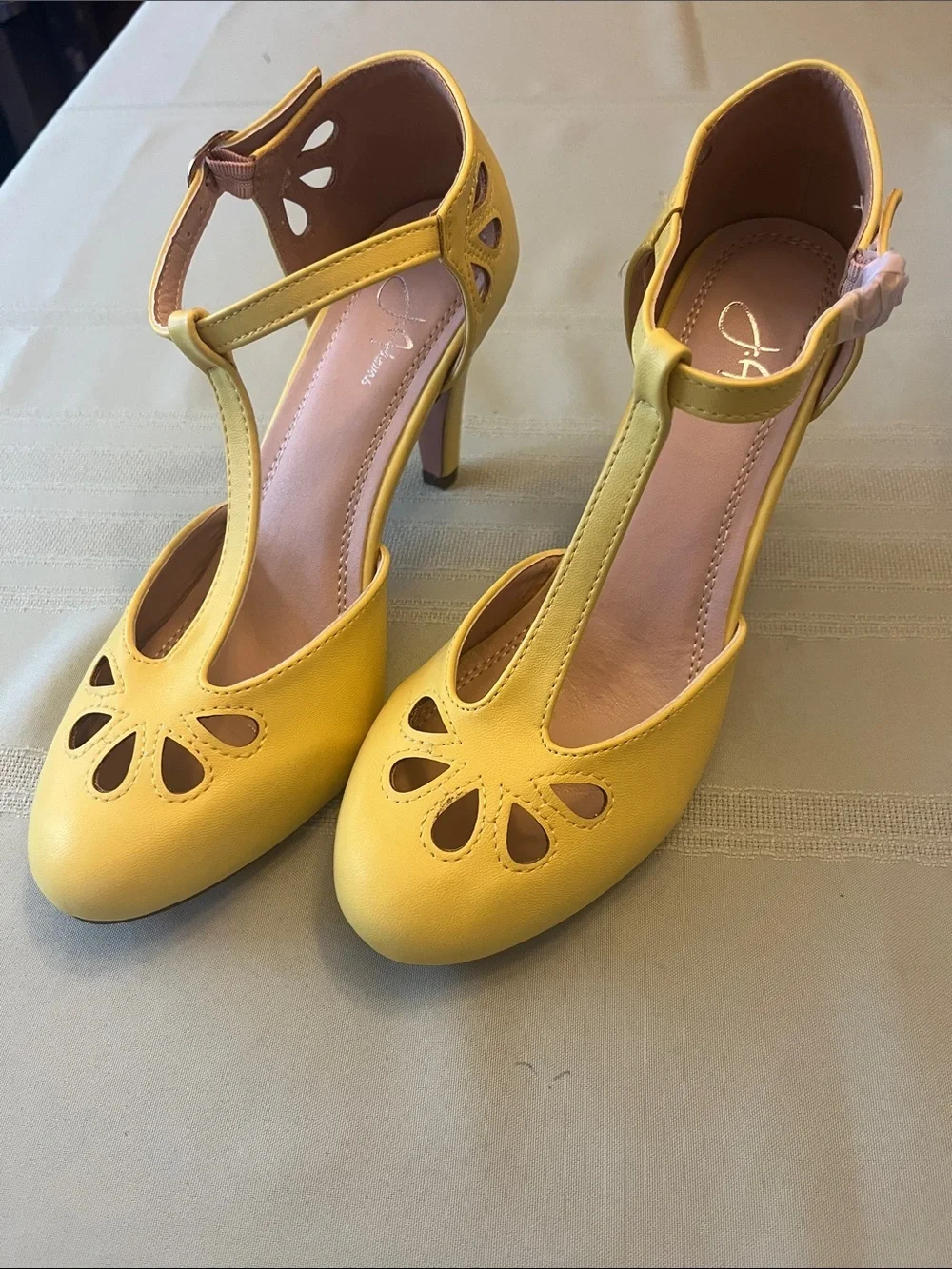J. Adams Bright Yellow T‑Strap Floral Cutout Heels Size 8.5